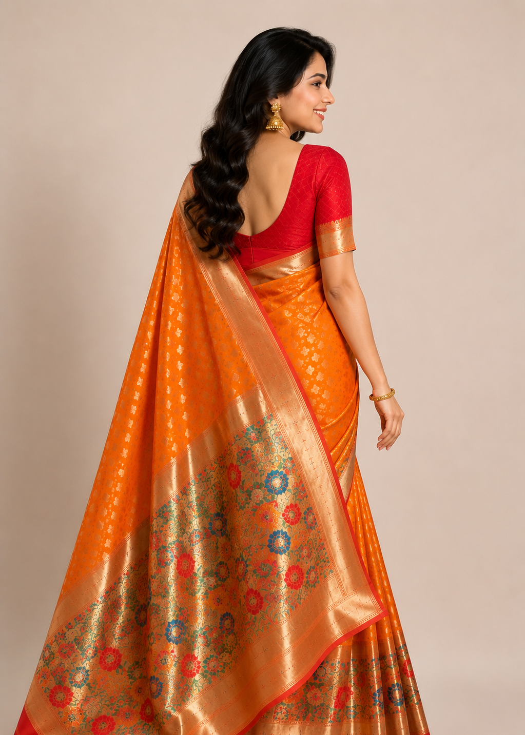 Orange Banarasi Silk Saree with Rich Floral Zari Border & Red Blouse
