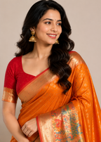 Orange Banarasi Silk Saree with Rich Floral Zari Border & Red Blouse
