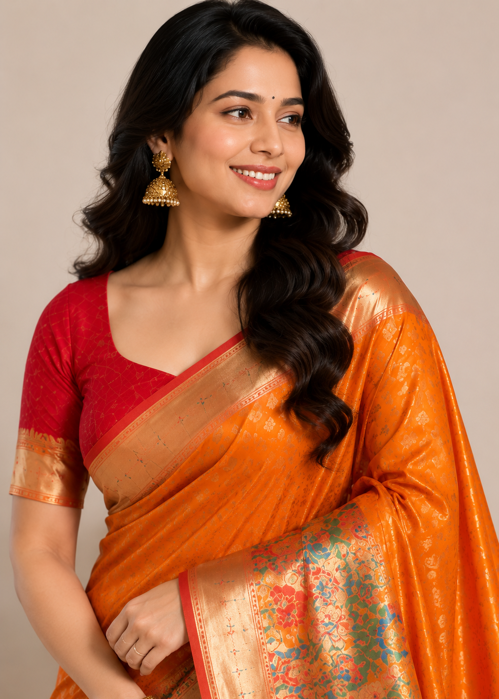 Orange Banarasi Silk Saree with Rich Floral Zari Border & Red Blouse