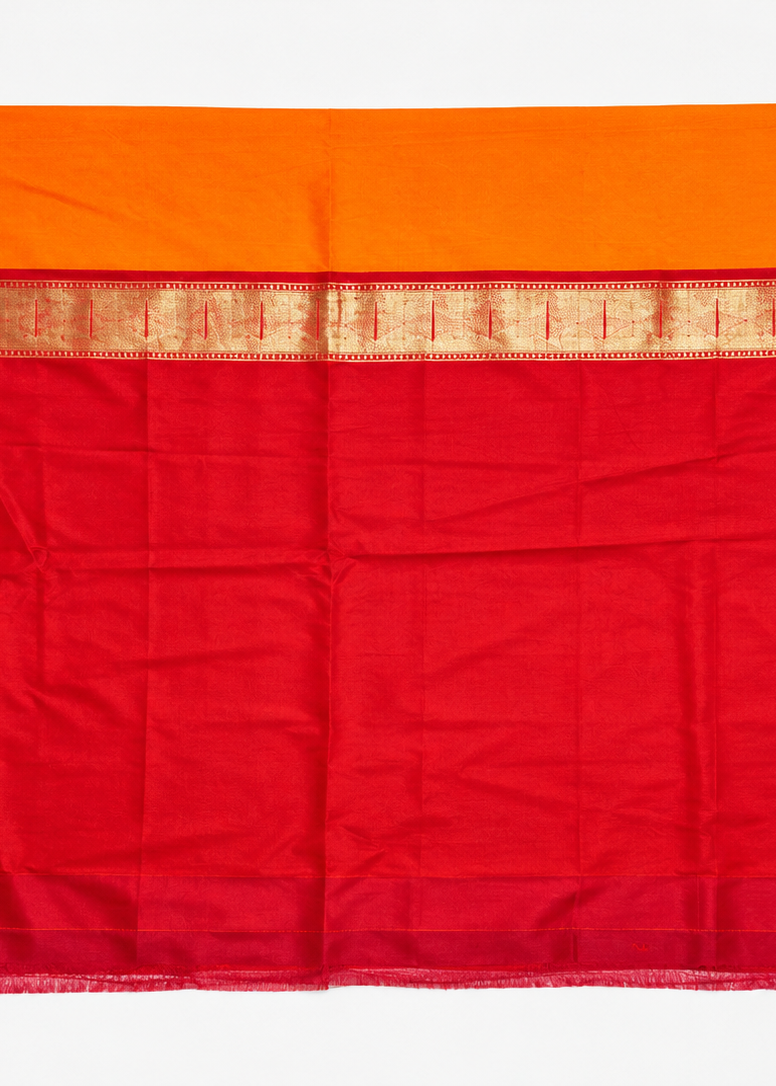 Orange Banarasi Silk Saree with Rich Floral Zari Border & Red Blouse