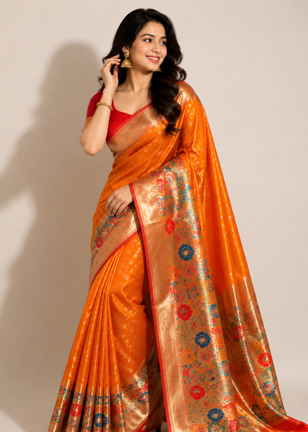 Orange Banarasi Silk Saree with Rich Floral Zari Border & Red Blouse