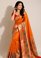 Orange Banarasi Silk Saree with Rich Floral Zari Border & Red Blouse