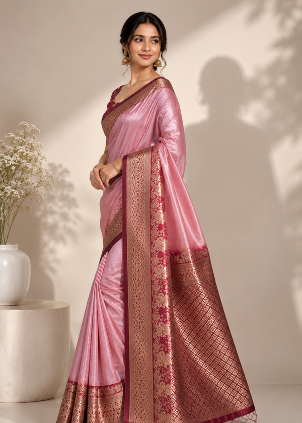 Pink Banarasi Silk Saree with Rich Zari Border