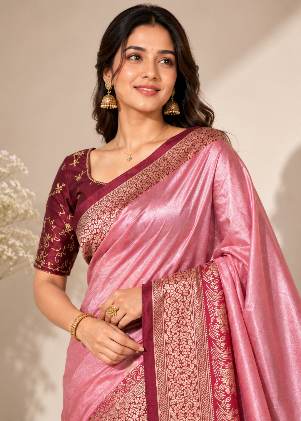 Pink Banarasi Silk Saree with Rich Zari Border