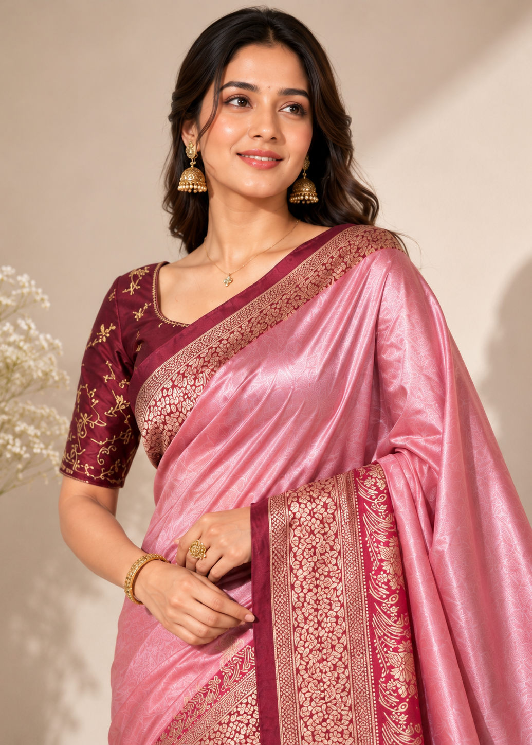 Pink Banarasi Silk Saree with Rich Zari Border