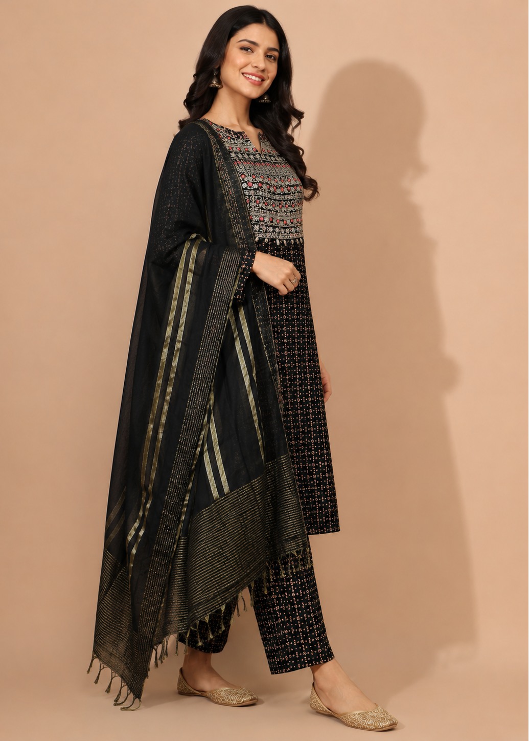 Black Embroidered Cotton Kurta Set with Printed Palazzo & Cotton Dupatta