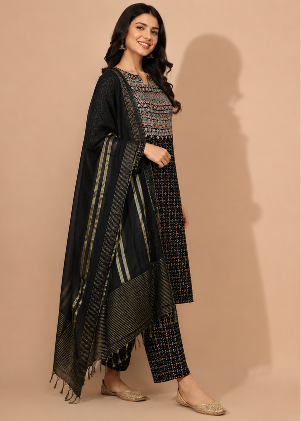 Black Embroidered Cotton Kurta Set with Printed Palazzo & Cotton Dupatta