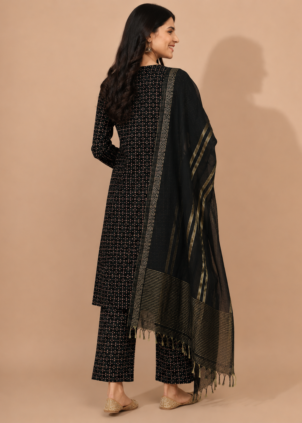 Black Embroidered Cotton Kurta Set with Printed Palazzo & Cotton Dupatta
