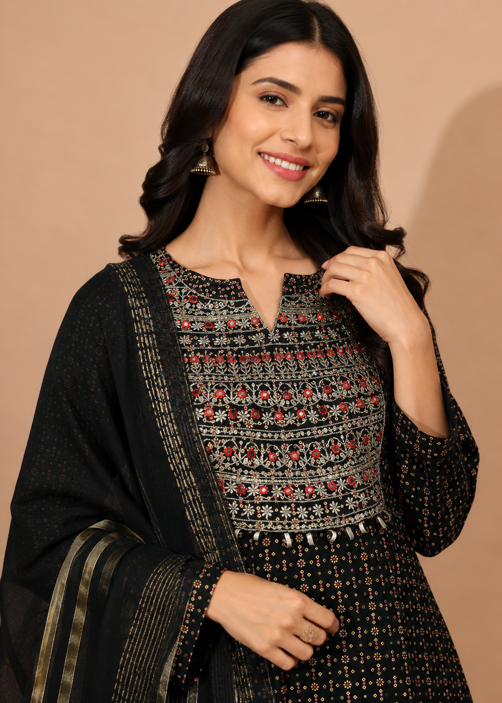 Black Embroidered Cotton Kurta Set with Printed Palazzo & Cotton Dupatta