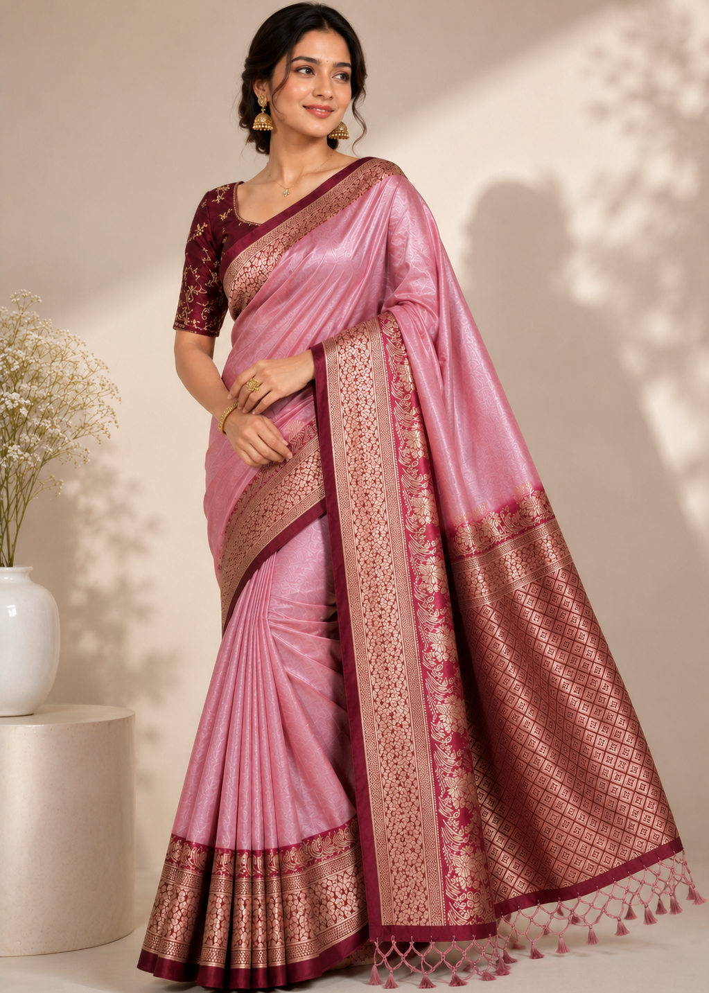 Pink Banarasi Silk Saree with Rich Zari Border