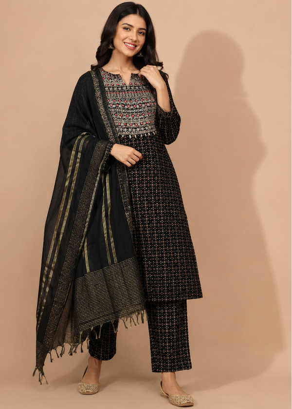 Black Embroidered Cotton Kurta Set with Printed Palazzo & Cotton Dupatta