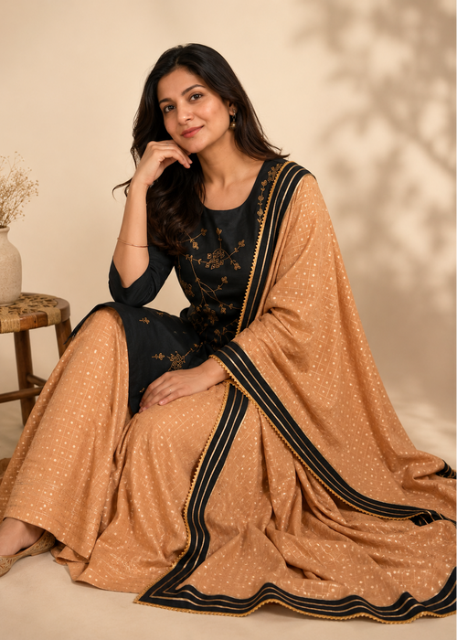 Black Embroidered Kurta Skirt Set with Printed Dupatta