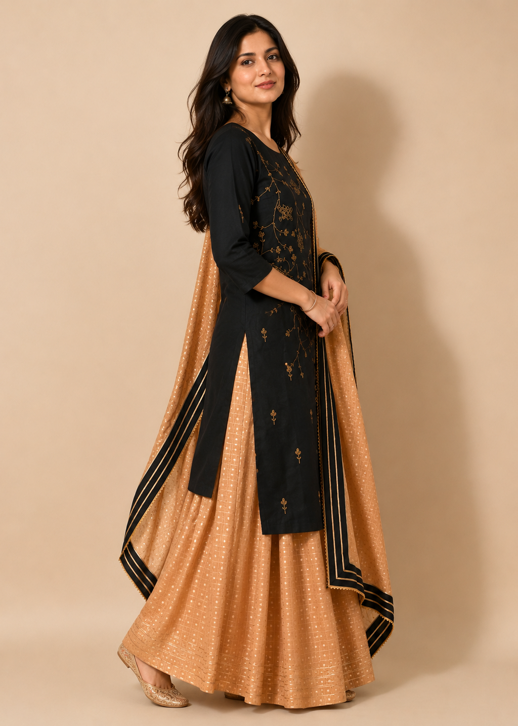 Black Embroidered Kurta Skirt Set with Printed Dupatta