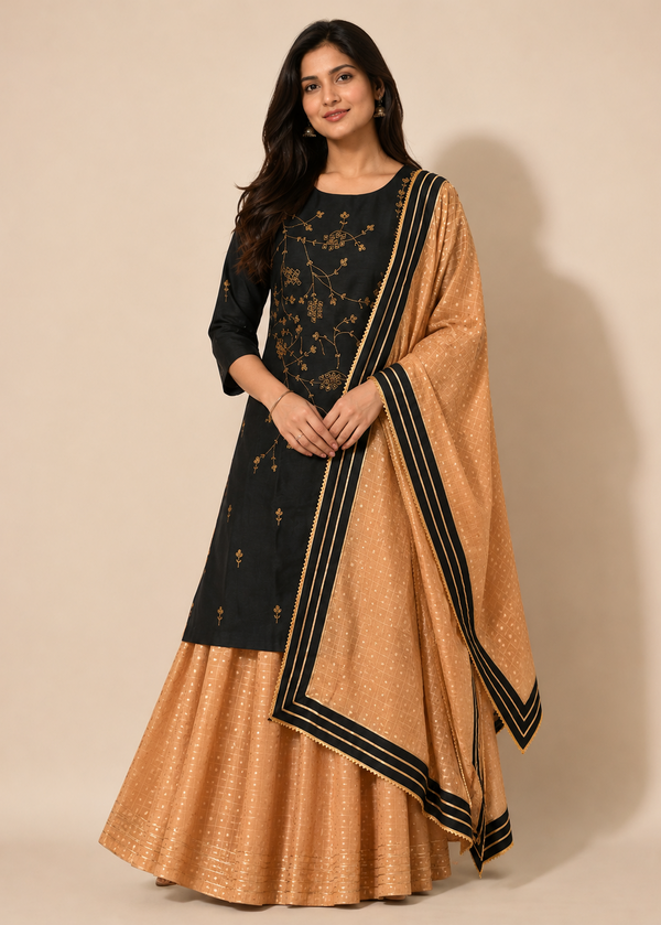 Black Embroidered Kurta Skirt Set with Printed Dupatta
