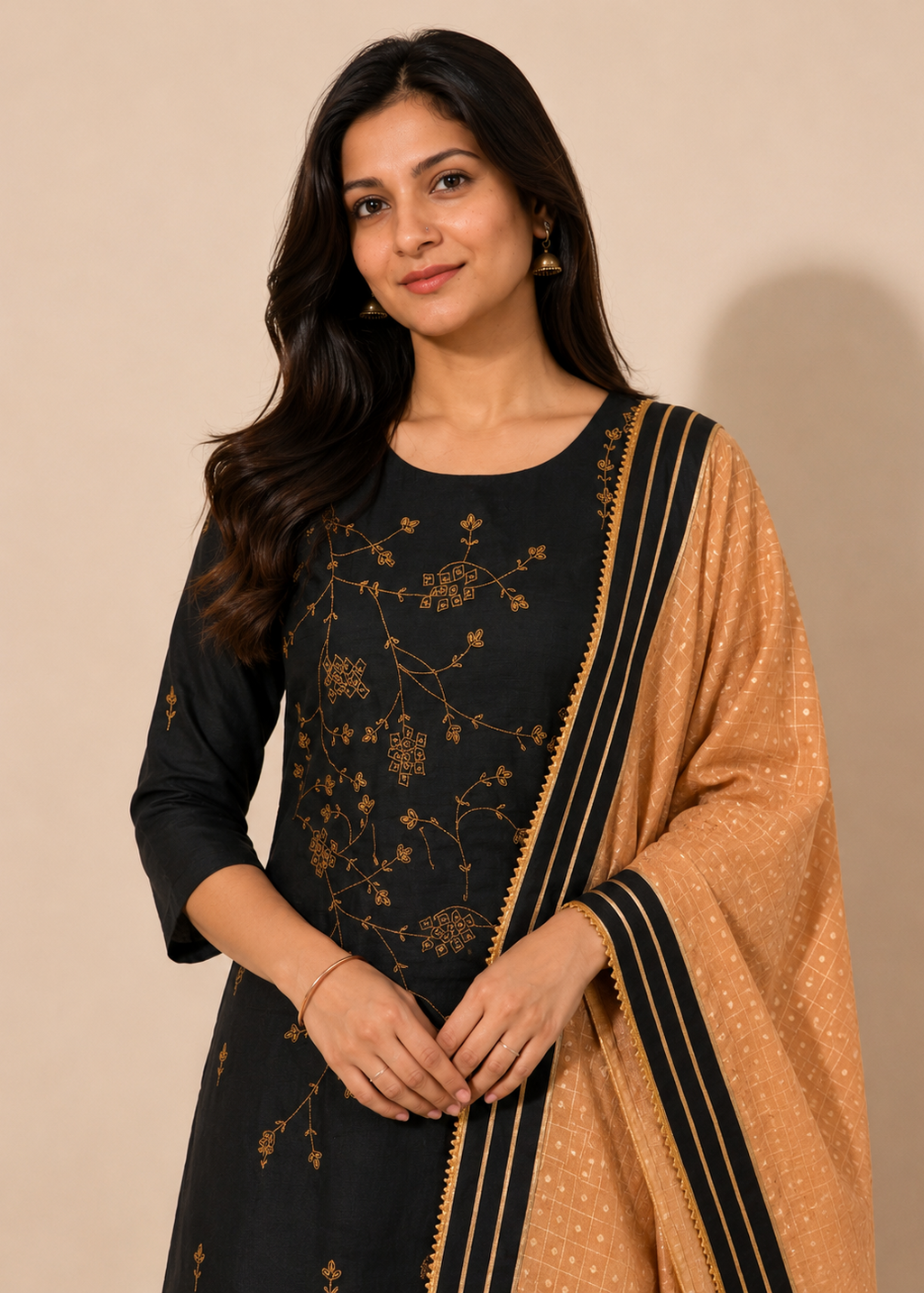 Black Embroidered Kurta Skirt Set with Printed Dupatta