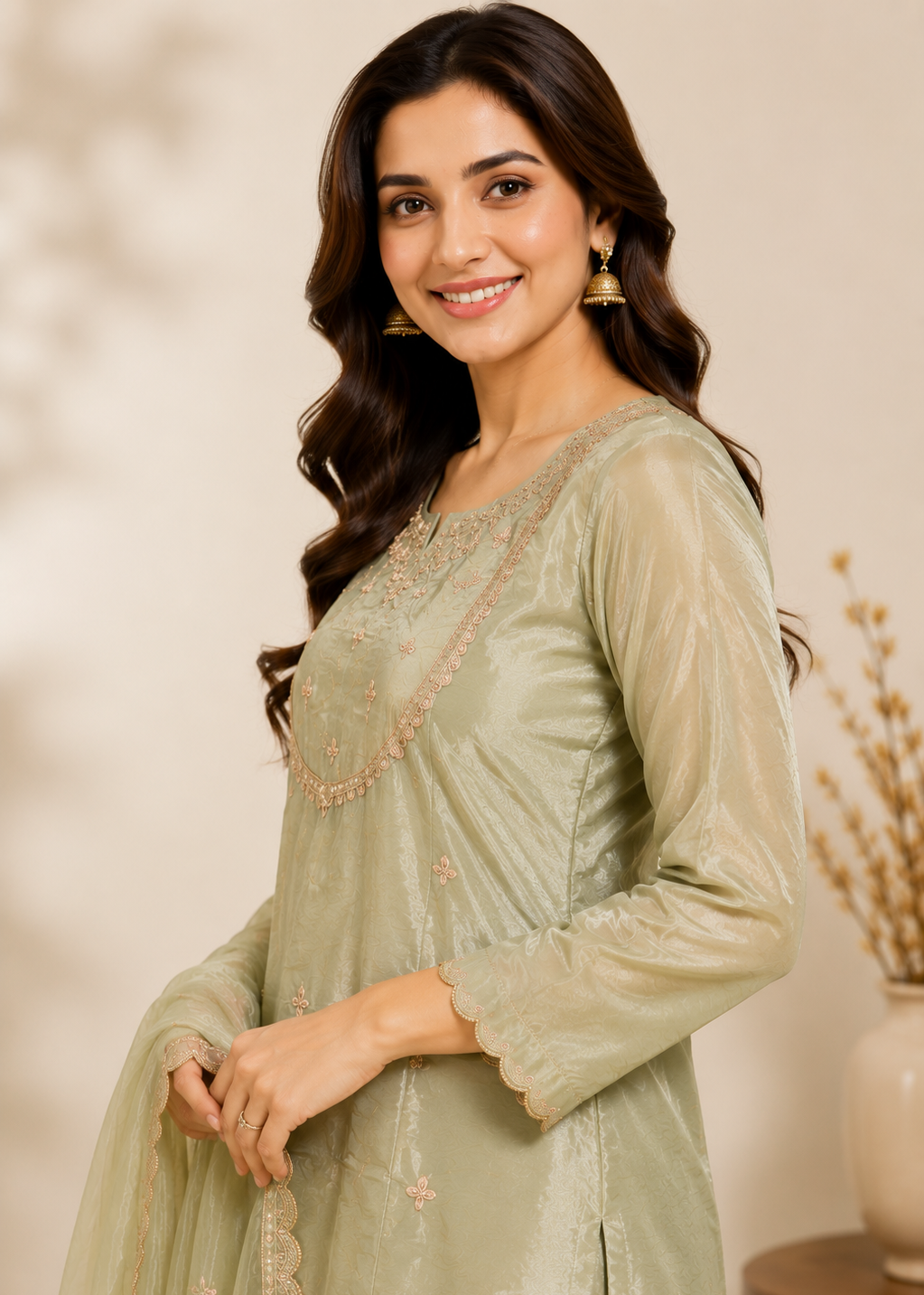 A woman modeling a sage green traditional Indian salwar kameez suit with embroidered details, set against a warm beige background with a decorative vase.