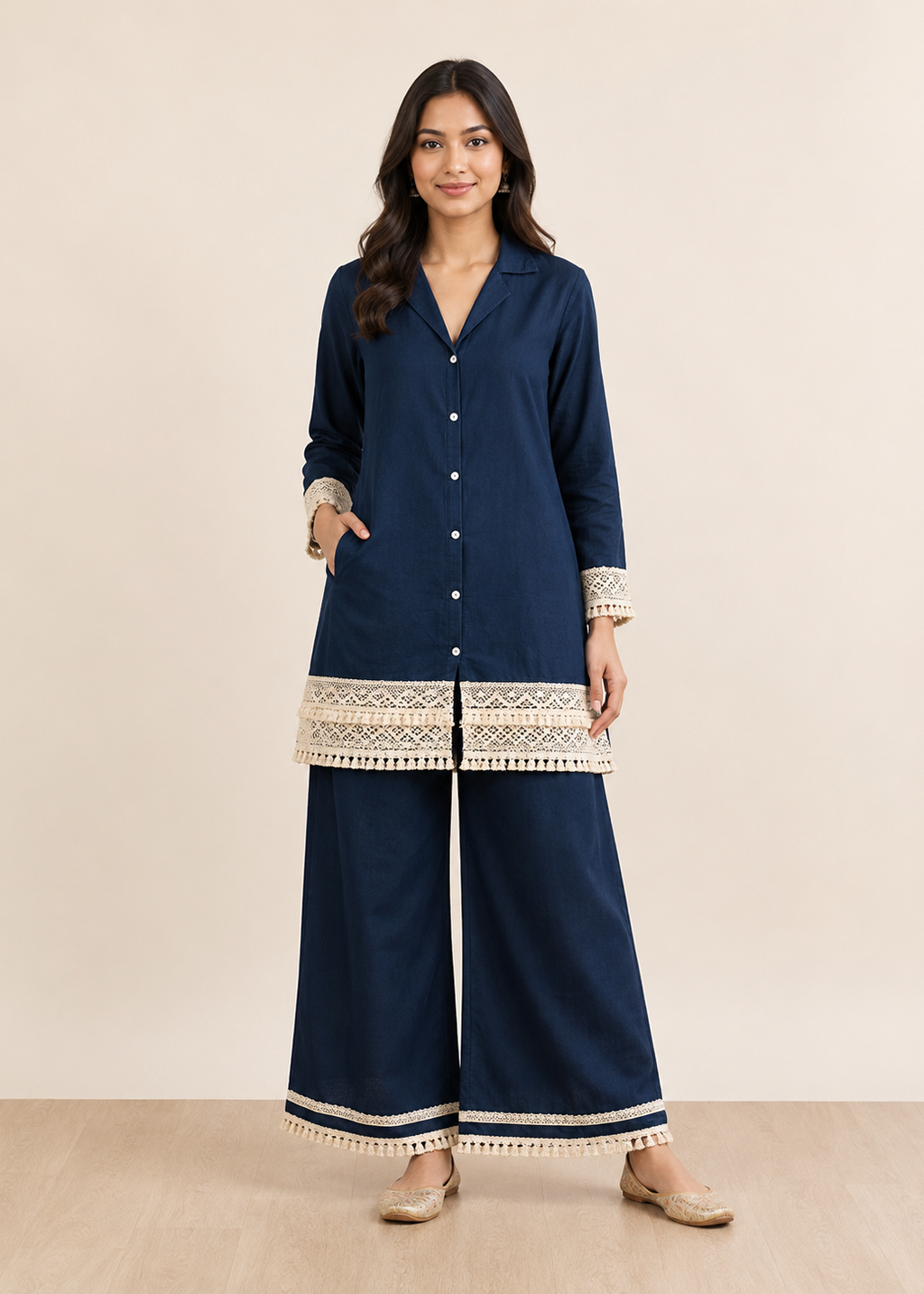 Navy Blue Crochet Lace Co-Ord Set for Women