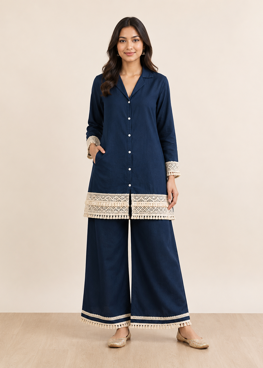 Navy Blue Crochet Lace Co-Ord Set for Women