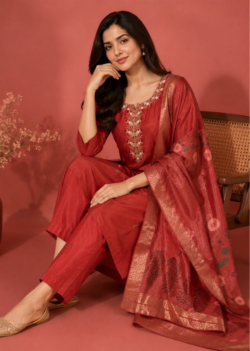 Maroon Embroidered Kurta Pant Set with Floral Jacquard Dupatta