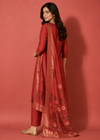 Maroon Embroidered Kurta Pant Set with Floral Jacquard Dupatta