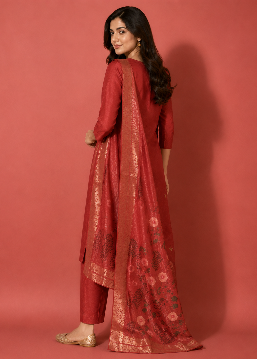 Maroon Embroidered Kurta Pant Set with Floral Jacquard Dupatta