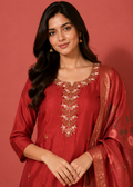 Maroon Embroidered Kurta Pant Set with Floral Jacquard Dupatta