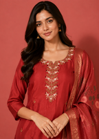 Maroon Embroidered Kurta Pant Set with Floral Jacquard Dupatta