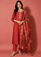 Maroon Embroidered Kurta Pant Set with Floral Jacquard Dupatta