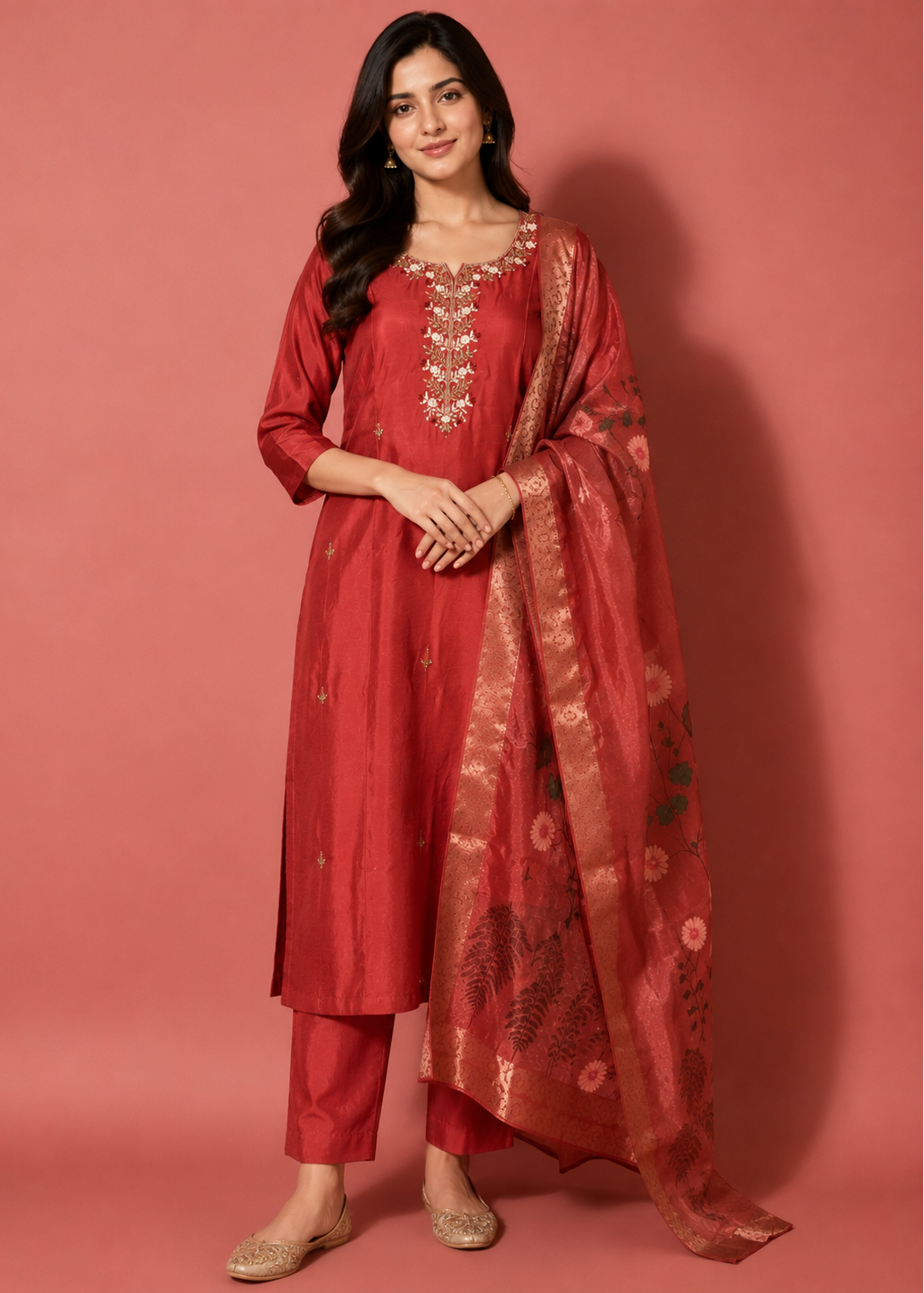 Maroon Embroidered Kurta Pant Set with Floral Jacquard Dupatta