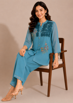 Sky Blue Chinon Chiffon Co-Ord Set with Floral Embroidery
