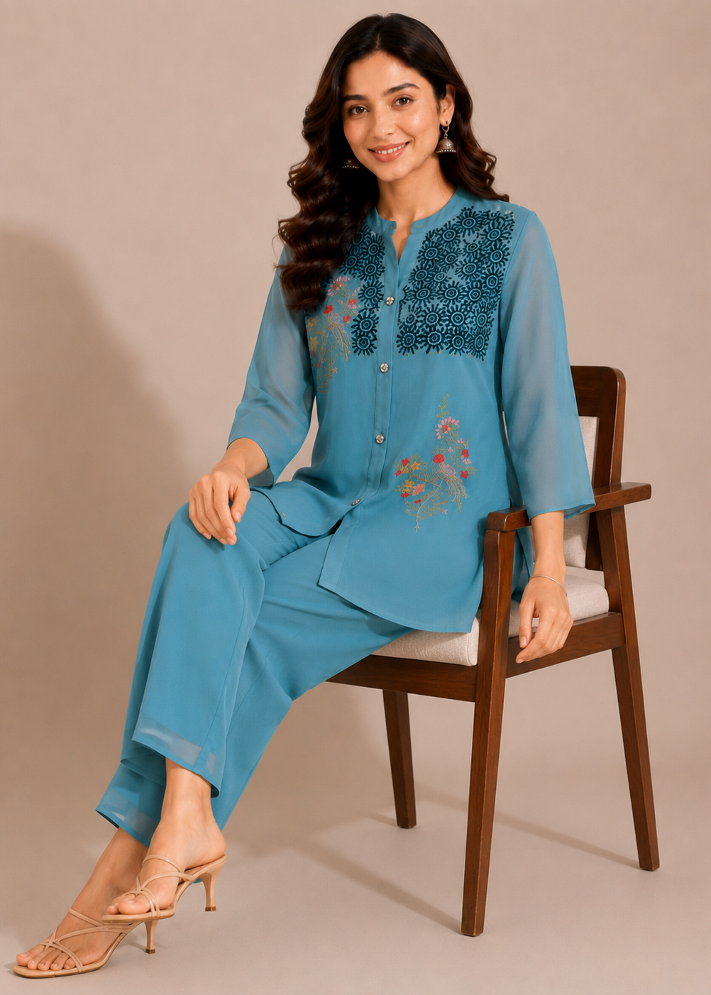 Sky Blue Chinon Chiffon Co-Ord Set with Floral Embroidery