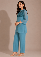 Sky Blue Chinon Chiffon Co-Ord Set with Floral Embroidery