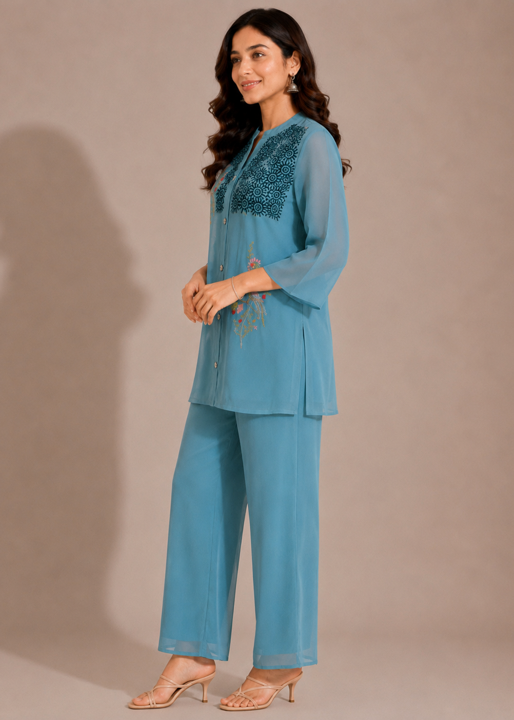 Sky Blue Chinon Chiffon Co-Ord Set with Floral Embroidery