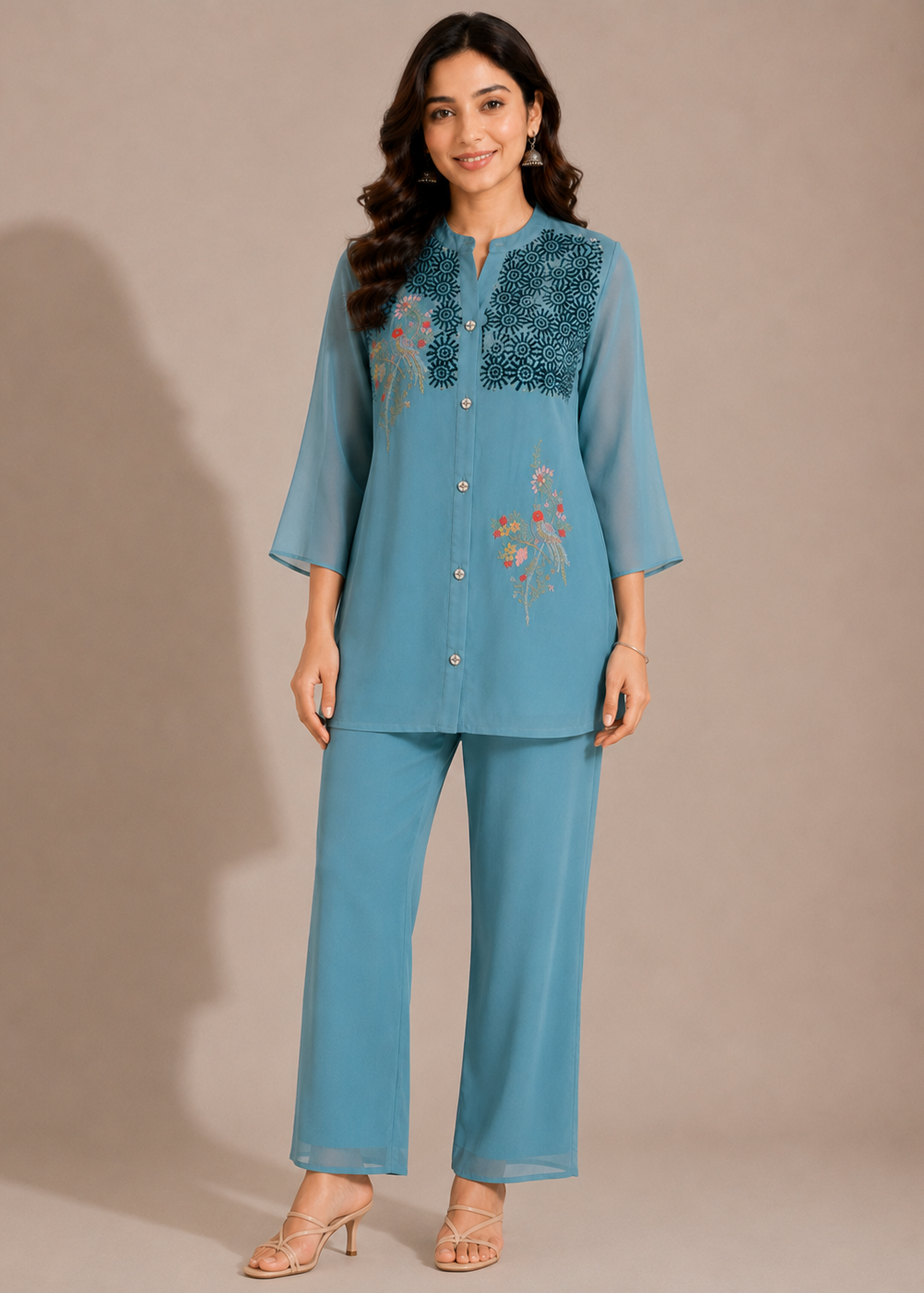 Sky Blue Chinon Chiffon Co-Ord Set with Floral Embroidery