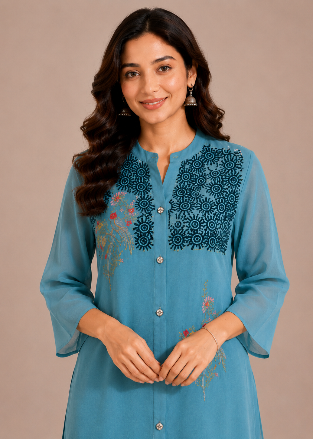 Sky Blue Chinon Chiffon Co-Ord Set with Floral Embroidery