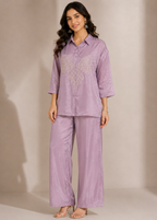 Lilac Chinon Chiffon Co-Ord Set with Hand Embellished Bow Design