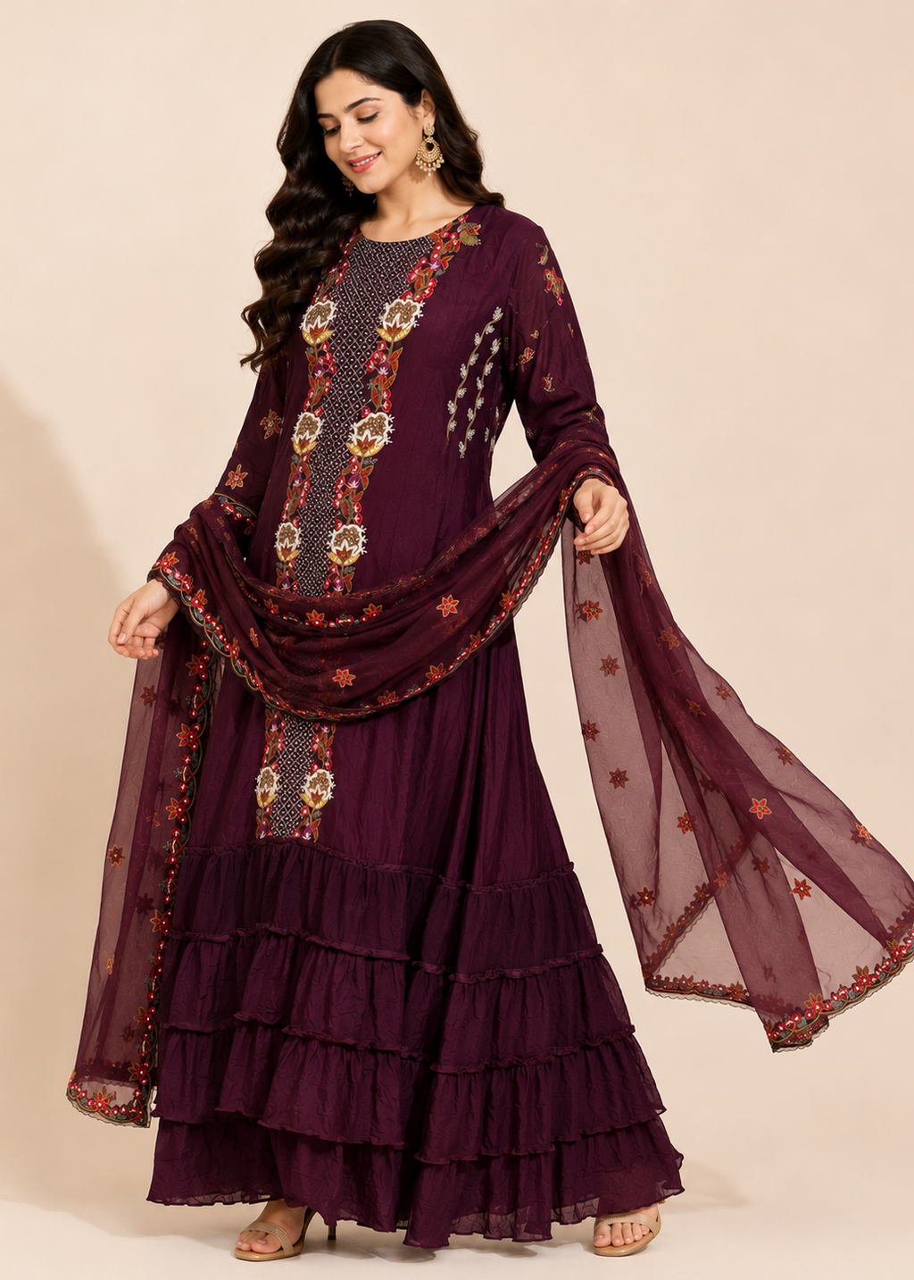 Wine Embroidered Designer Gown with Embroidered Dupatta for Women
