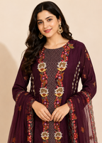 Wine Embroidered Designer Gown with Embroidered Dupatta for Women