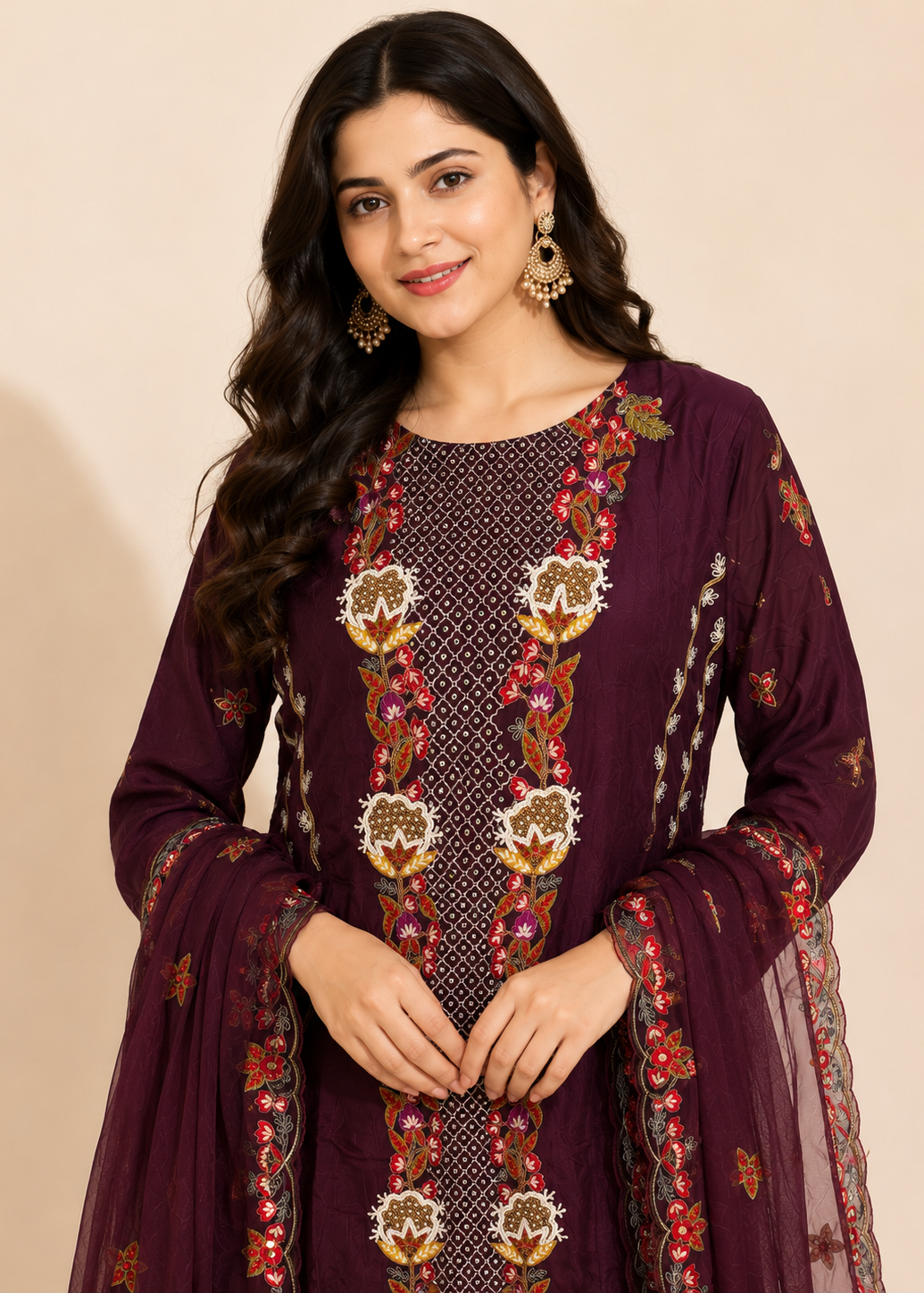 Wine Embroidered Designer Gown with Embroidered Dupatta for Women