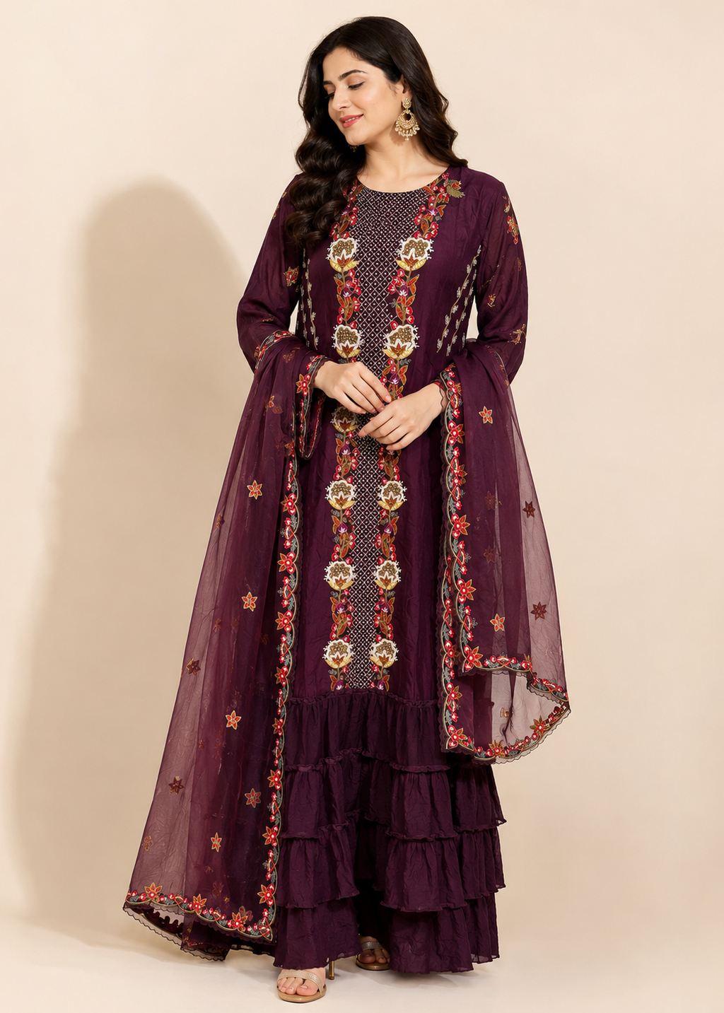 Wine Embroidered Designer Gown with Embroidered Dupatta for Women