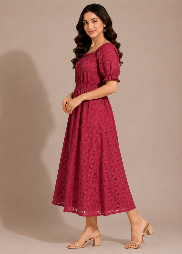 Wine Cotton Schiffli Embroidered Midi Dress for Women