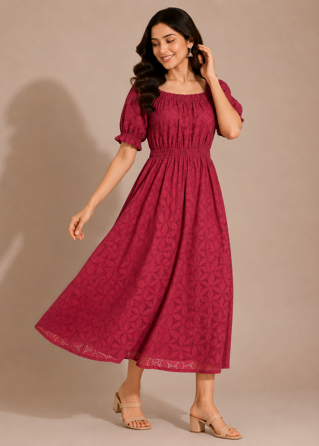 Wine Cotton Schiffli Embroidered Midi Dress for Women