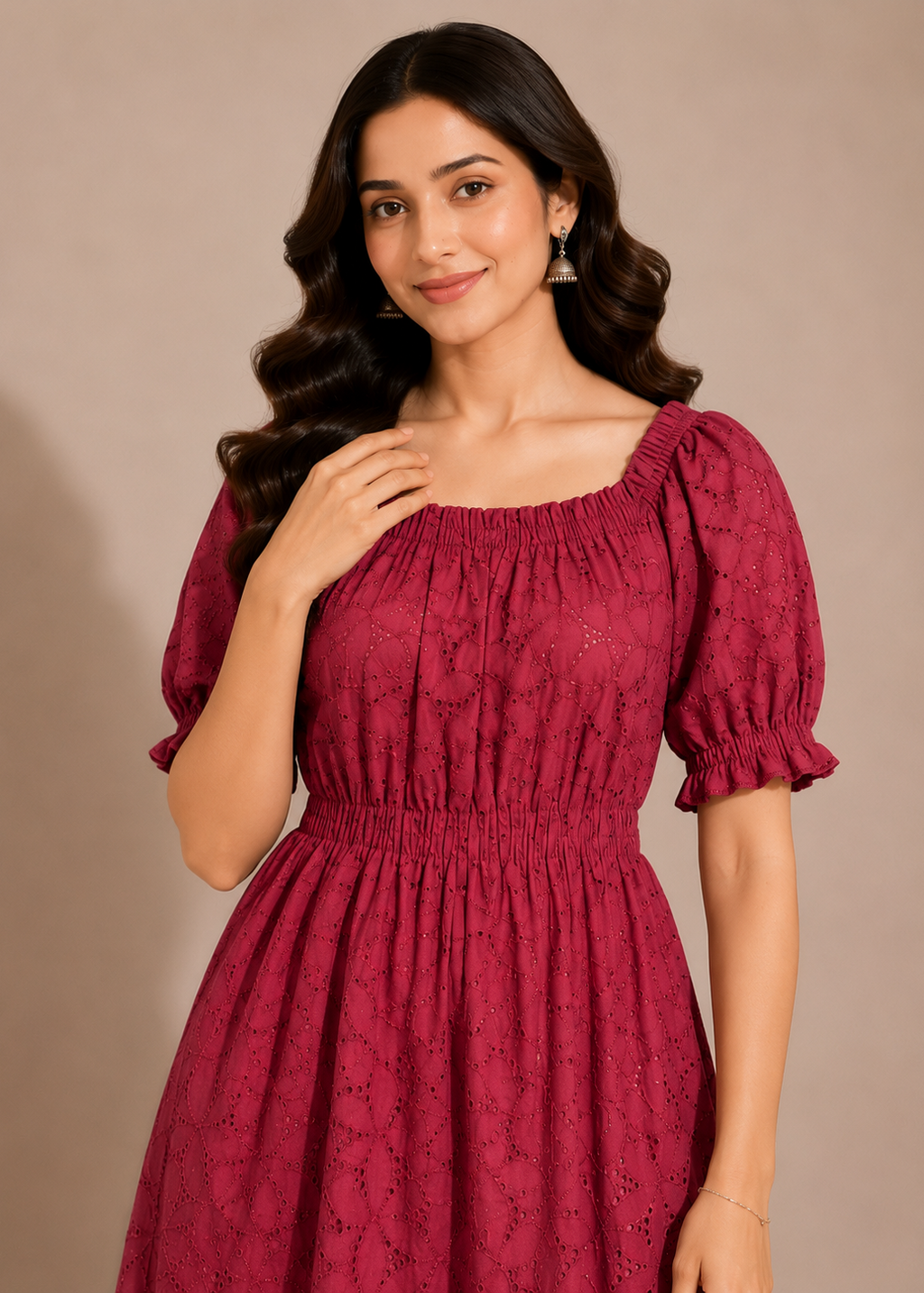 Wine Cotton Schiffli Embroidered Midi Dress for Women