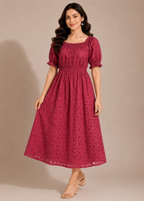 Wine Cotton Schiffli Embroidered Midi Dress for Women