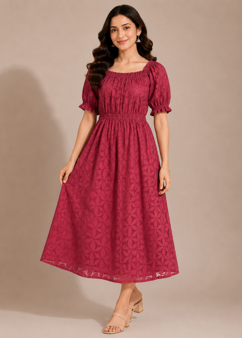 Wine Cotton Schiffli Embroidered Midi Dress for Women