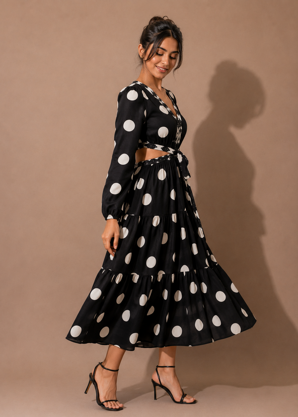 Black Polka Dot Cut-Out Midi Dress for Women