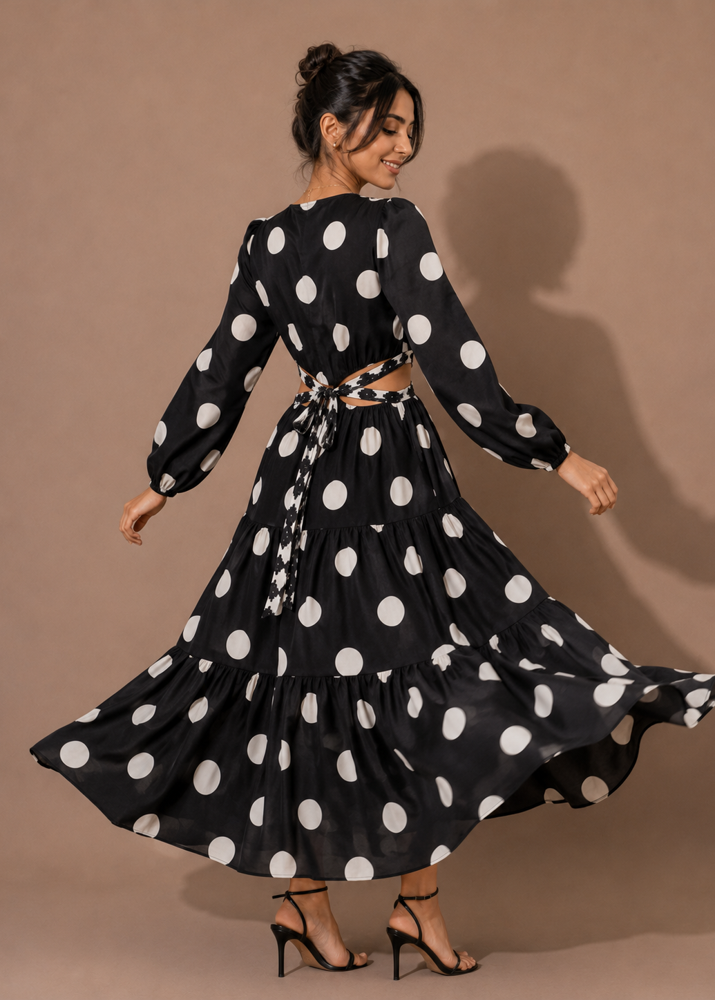 Black Polka Dot Cut-Out Midi Dress for Women