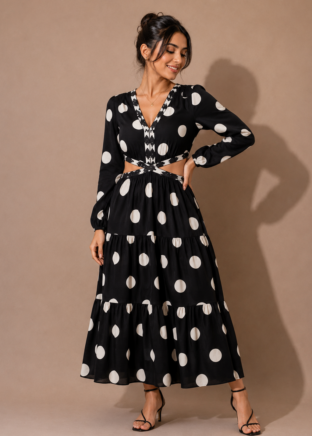 Black Polka Dot Cut-Out Midi Dress for Women