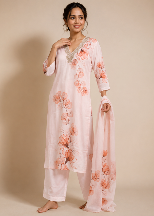 Blush Pink Floral Printed Kurta Pant Set with Dupatta