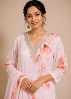 Blush Pink Floral Printed Kurta Pant Set with Dupatta